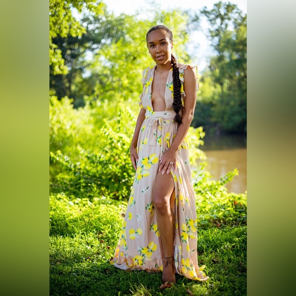 MAJORELLE Sweet Pea Dress Maxi Tan Lemon Wrap Size Small - Picture 8 of 10